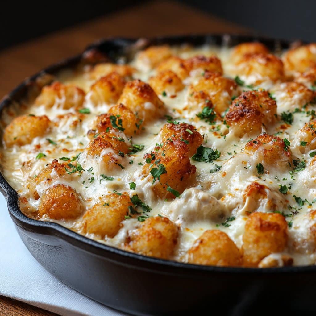 Chicken Alfredo Tater Tot Casserole