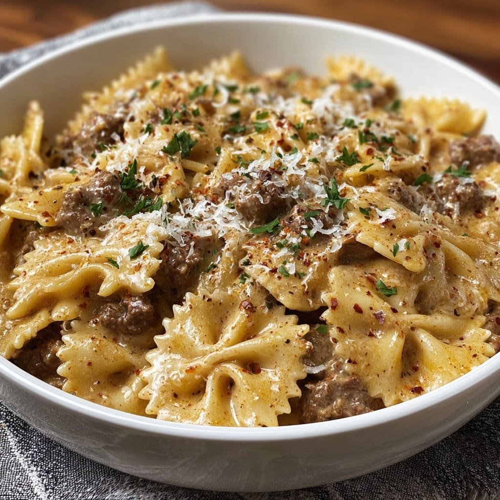 Creamy Parmesan Garlic Beef Bowtie Pasta 1 Creamy Parmesan Garlic Beef Bowtie Pasta