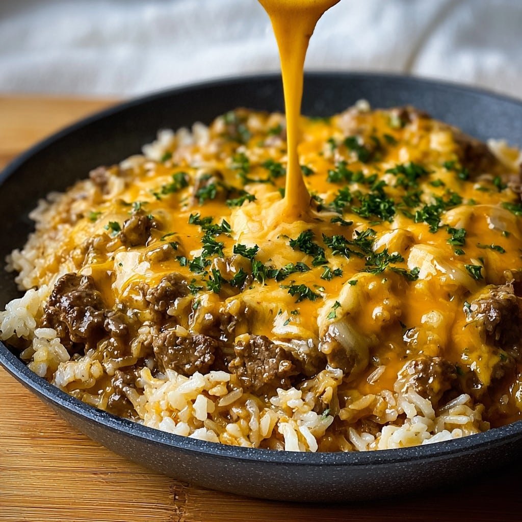 Garlic Butter Beef and Rice Skillet with Cheddar Parmesan Sauce