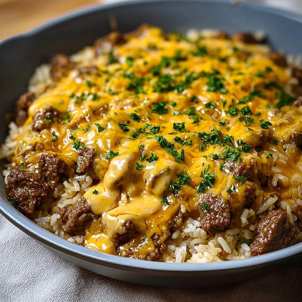 Garlic Butter Beef and Rice Skillet with Cheddar Parmesan Sauce 1 Garlic Butter Beef and Rice Skillet with Cheddar Parmesan Sauce