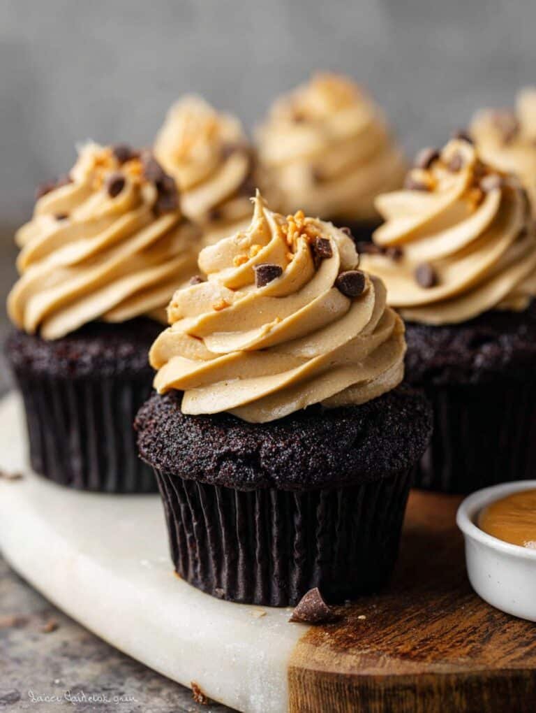 Dark Chocolate Cupcakes with Creamy Peanut Butter Frosting
