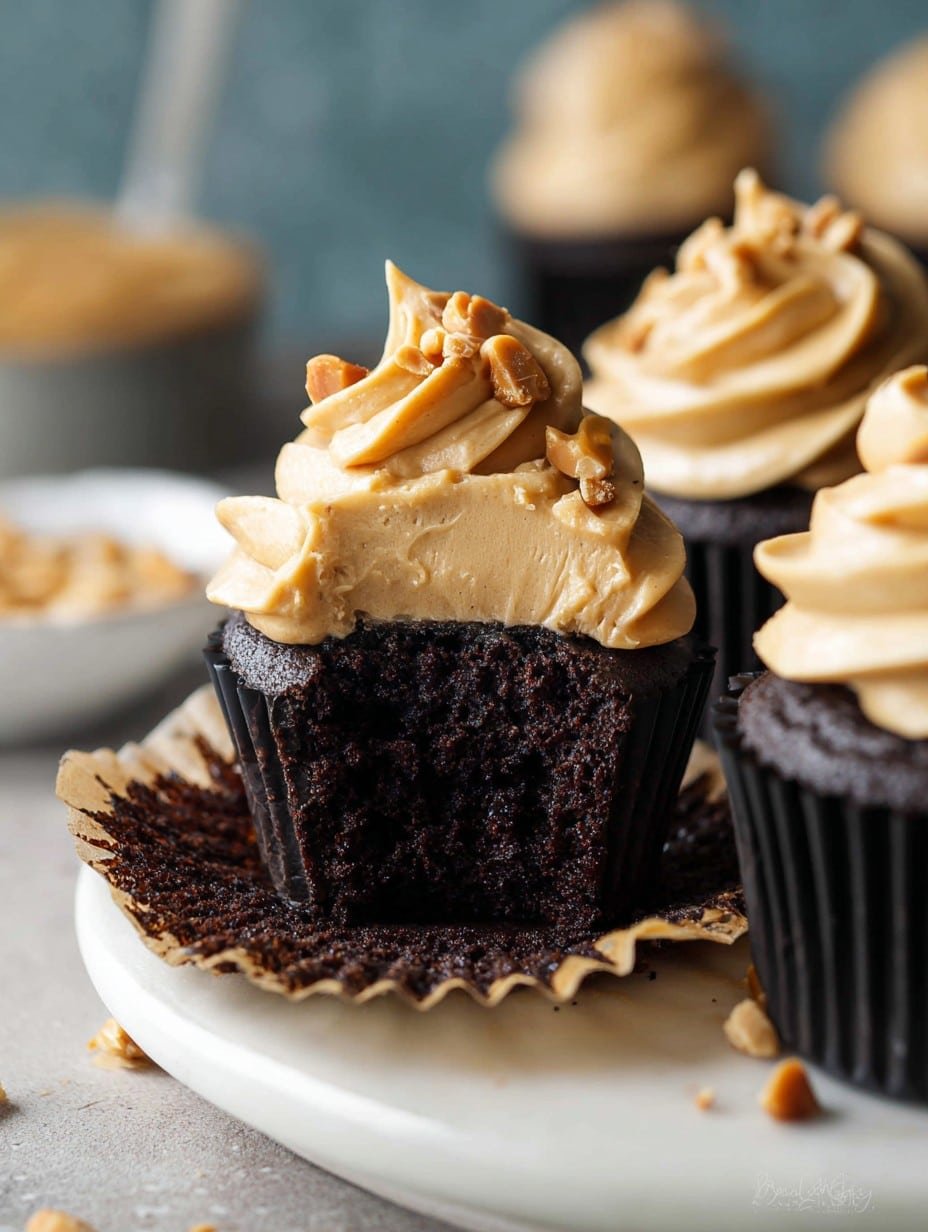 Dark Chocolate Cupcakes with Creamy Peanut Butter Frosting