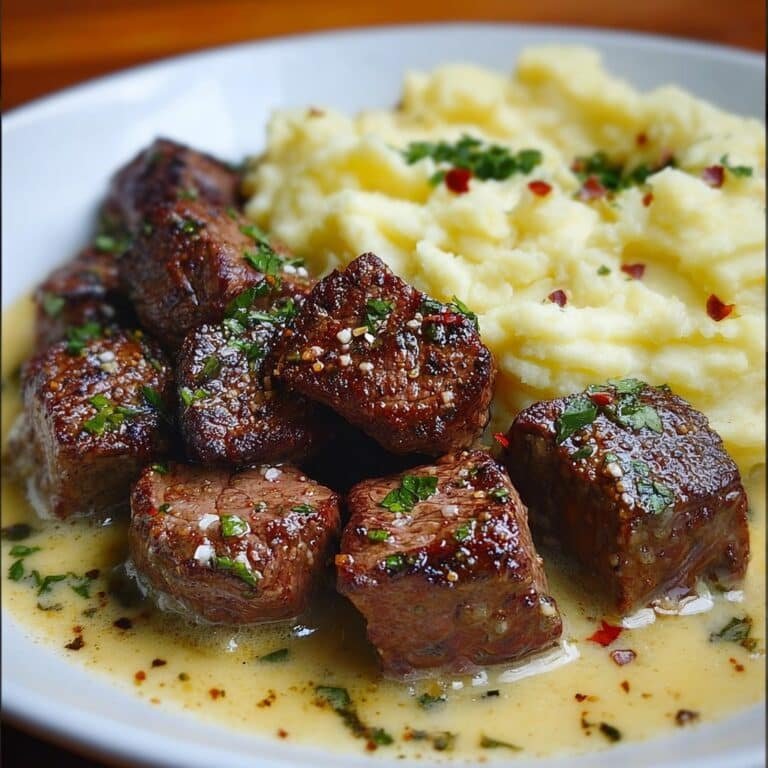 garlic steak bites with mashed potatoes