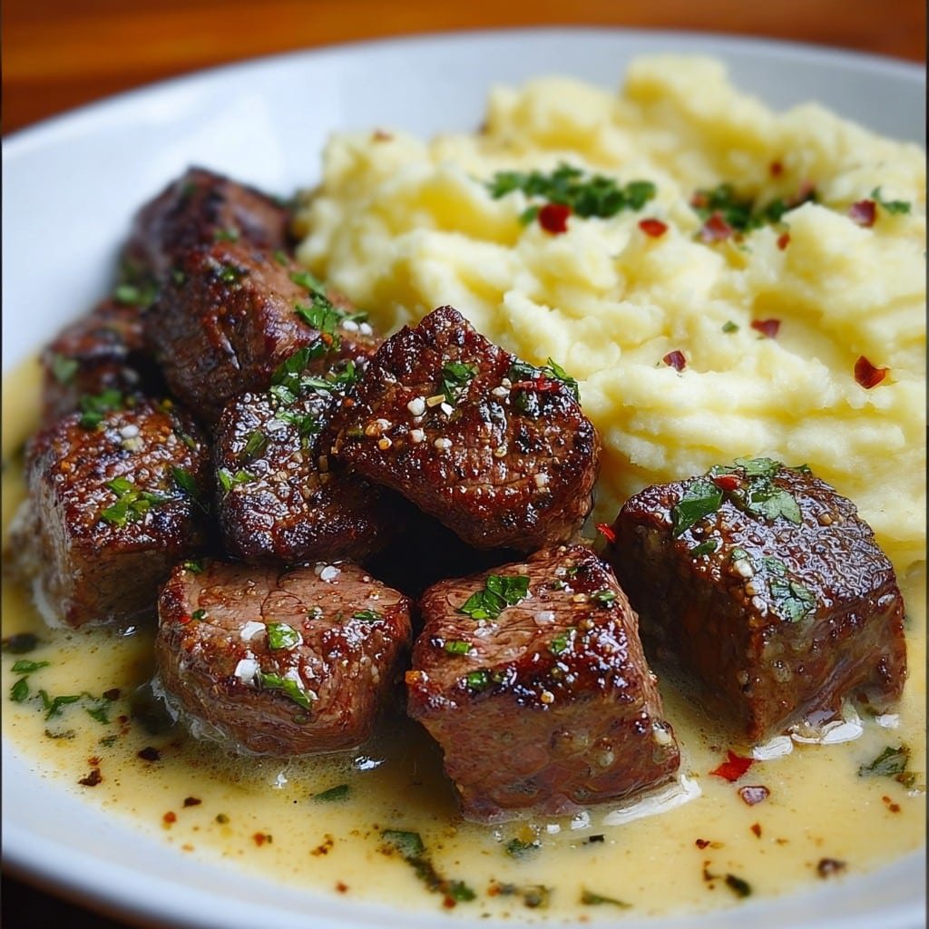 garlic steak bites with mashed potatoes 2 Garlic Steak Bites with Mashed Potatoes