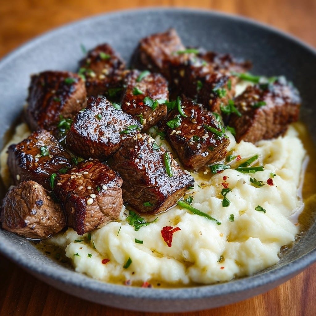 garlic steak bites with mashed potatoes 1 garlic steak bites with mashed potatoes