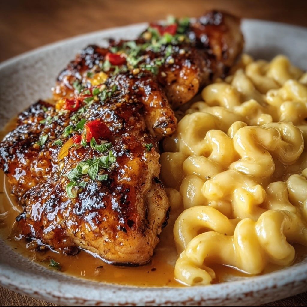 Sweet and Spicy Honey Pepper Chicken with Creamy Mac and Cheese