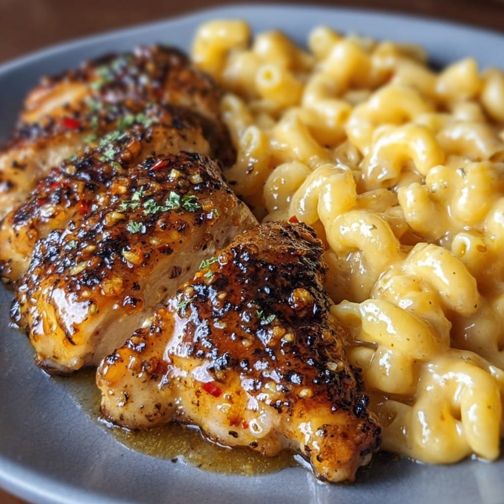 Sweet and Spicy Honey Pepper Chicken with Creamy Mac and Cheese