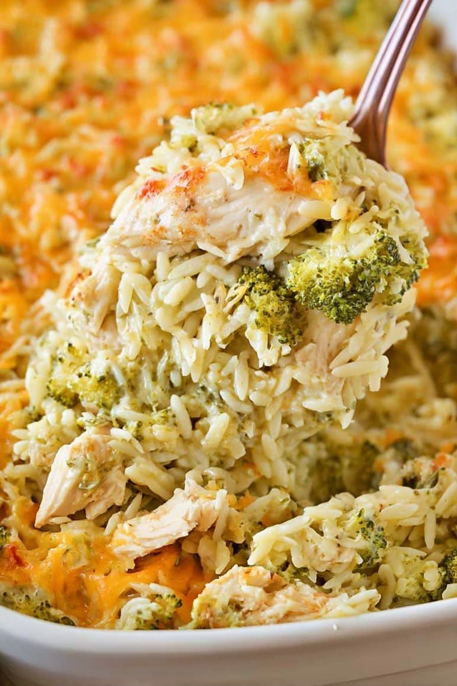 A delicious, irresistible picture of Broccoli Cheddar Baked Chicken Orzo