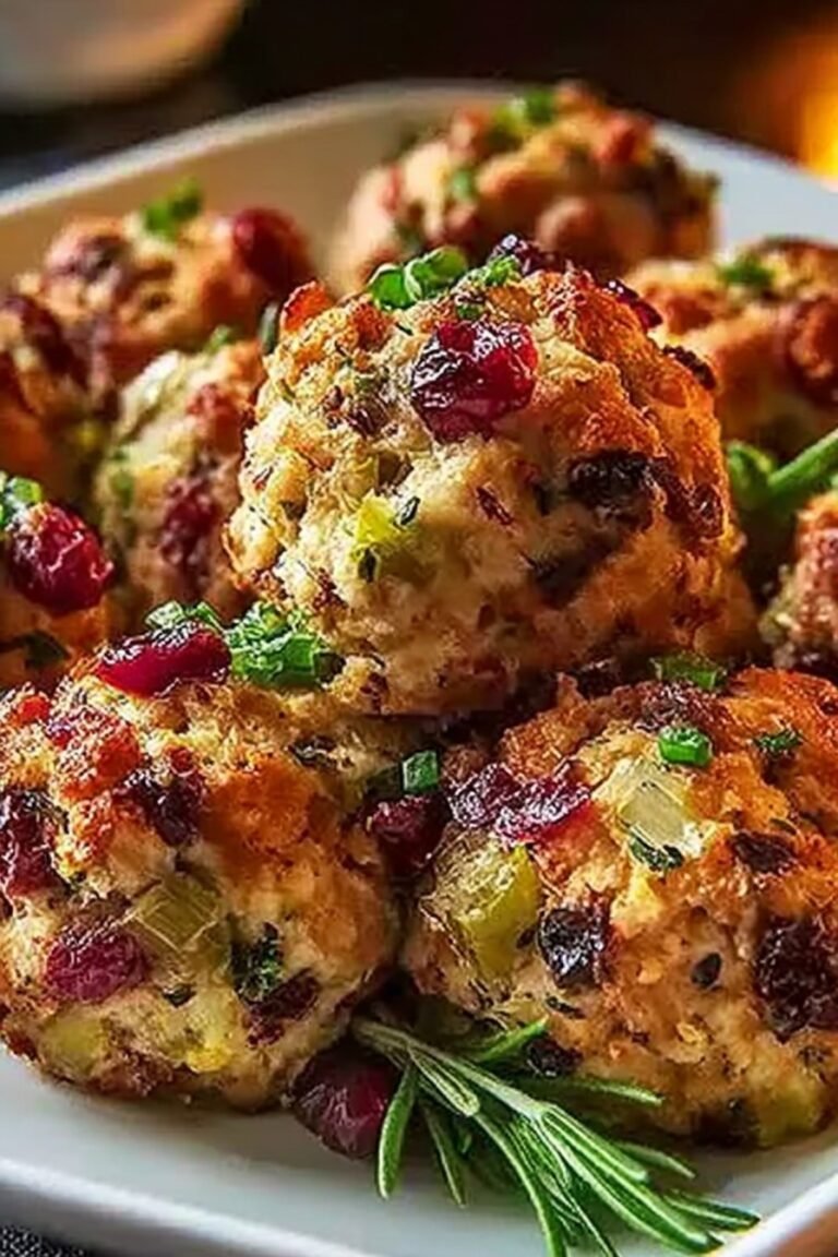 A delicious, irresistible picture of festive cranberry turkey stuffing balls—my family’s favorite