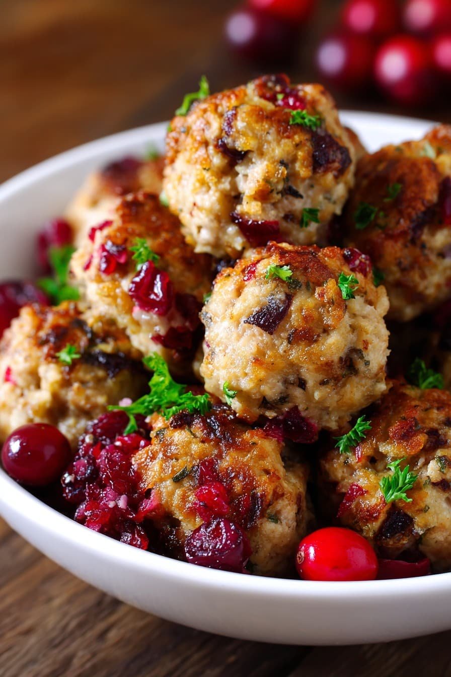 A delicious, irresistible picture of festive cranberry turkey stuffing balls
