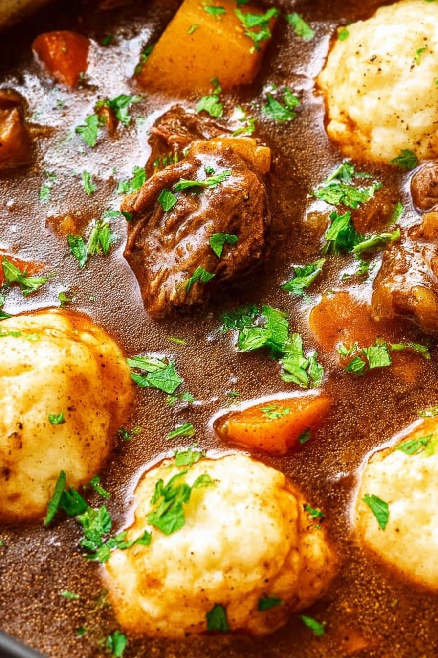 A delicious, irresistible picture of Slow Cooker Beef Stew and Dumplings