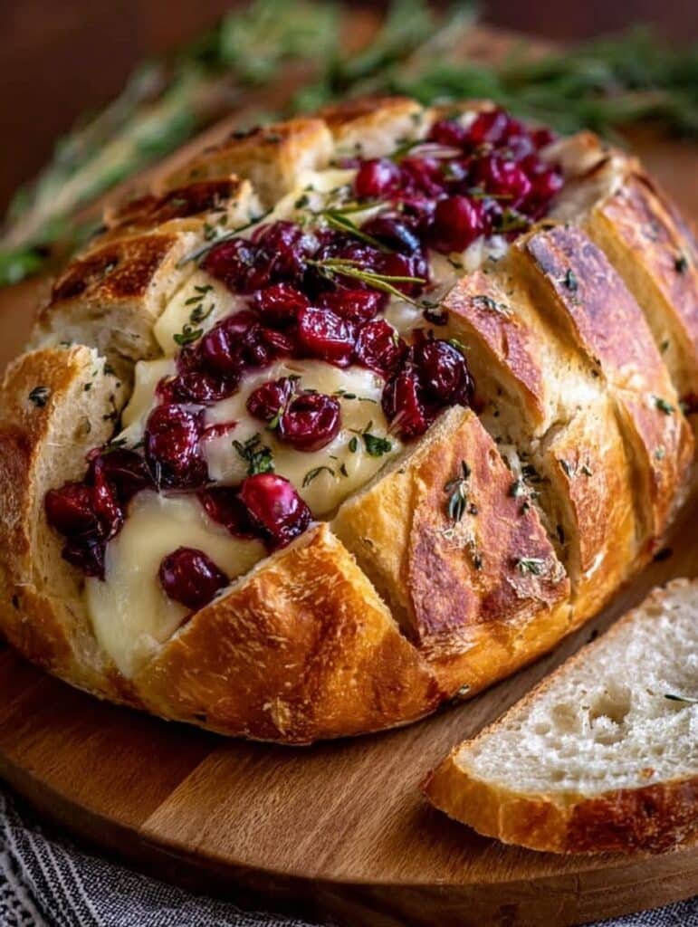 Brie & Cranberry Stuffed Garlic Herb Sourdough Bread Recipe