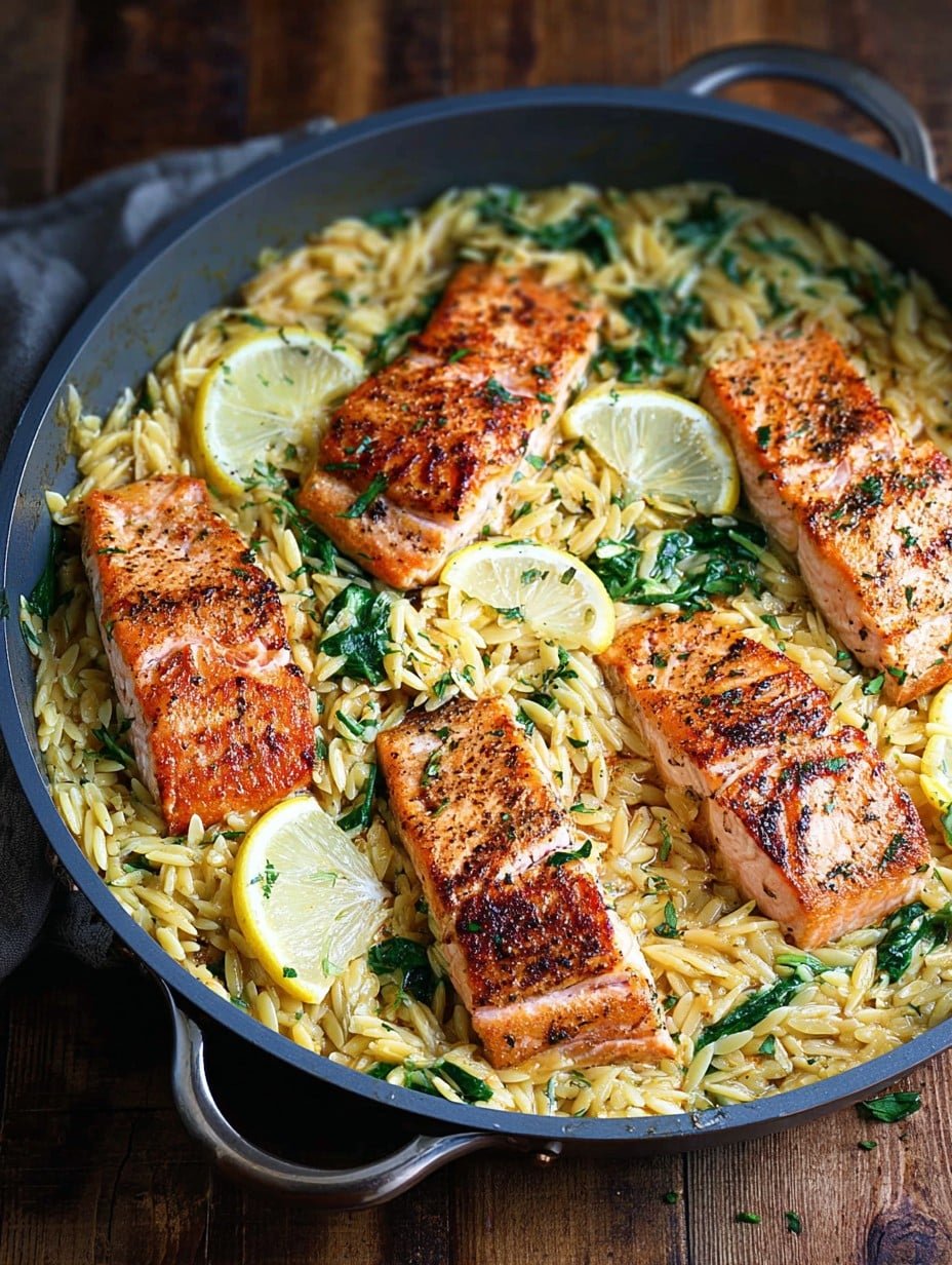 One Skillet Salmon with Lemon Orzo