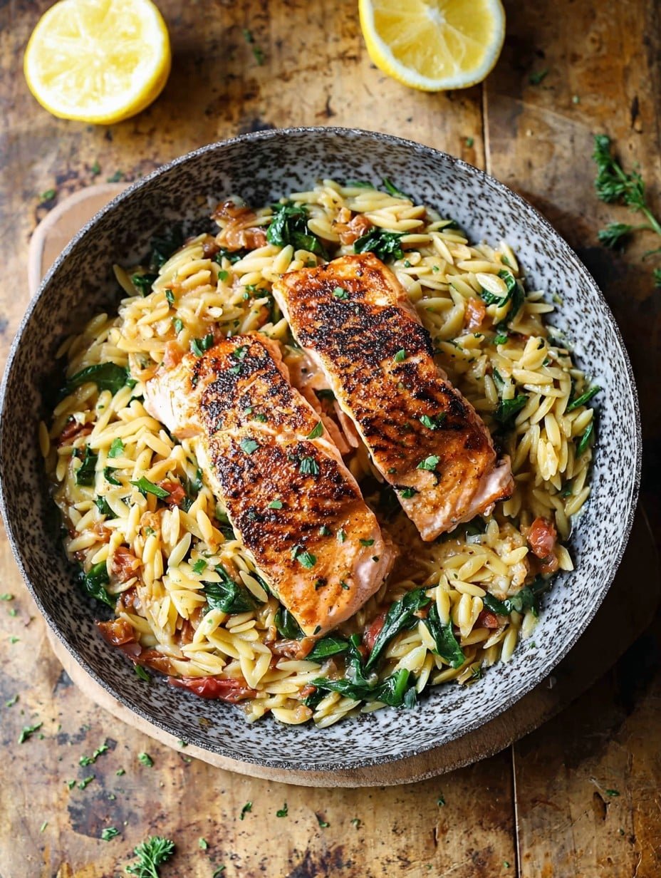 One Skillet Salmon with Lemon Orzo