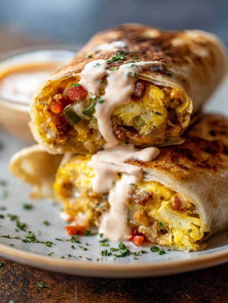 Sheet Pan Breakfast Burritos with Creamy Chipotle Sauce