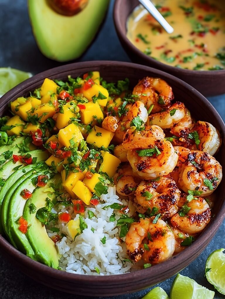Shrimp and Avocado Bowls with Mango Salsa & Lime-Chili Sauce