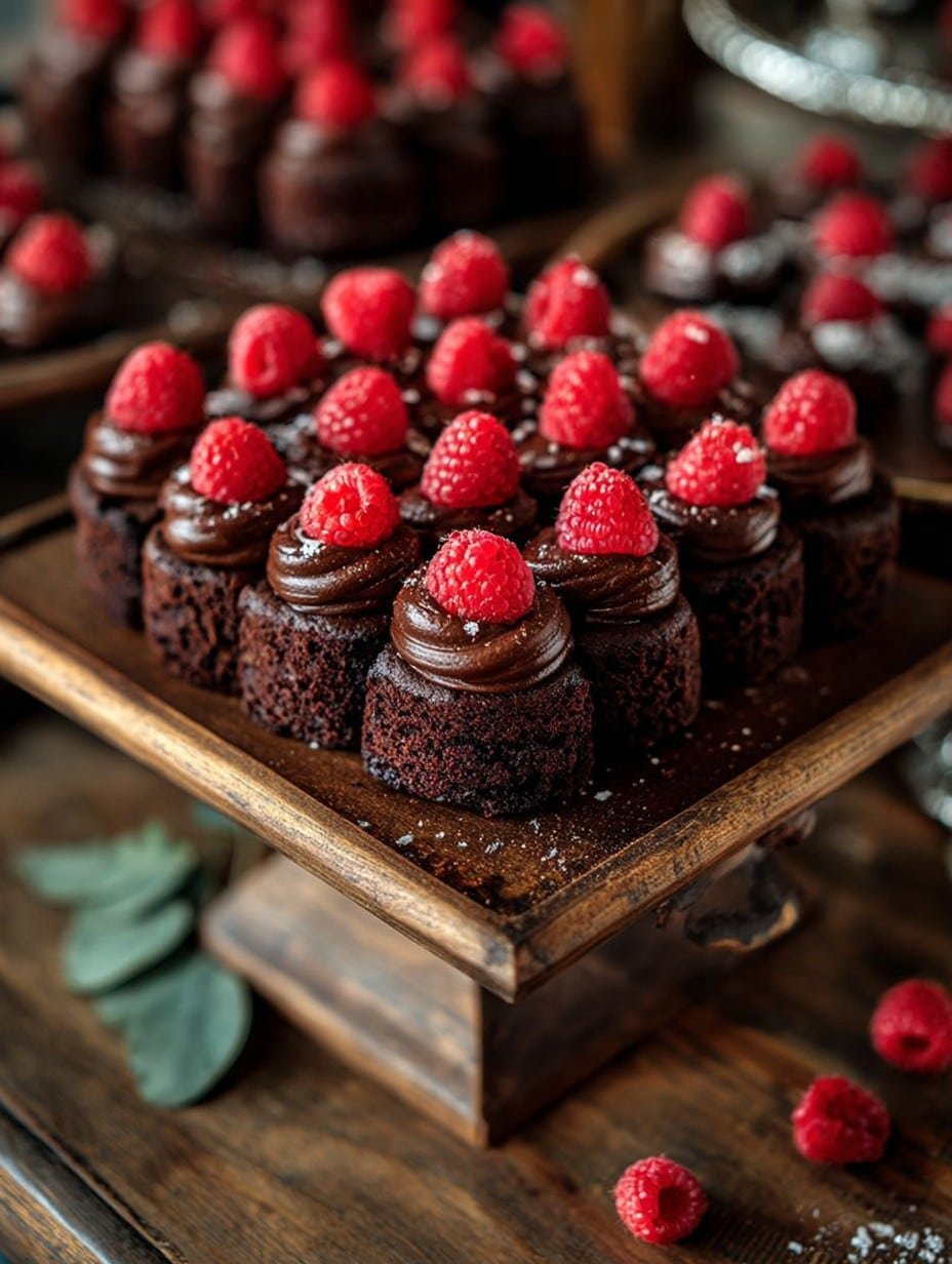 chocolate cake with raspberries on top for party food