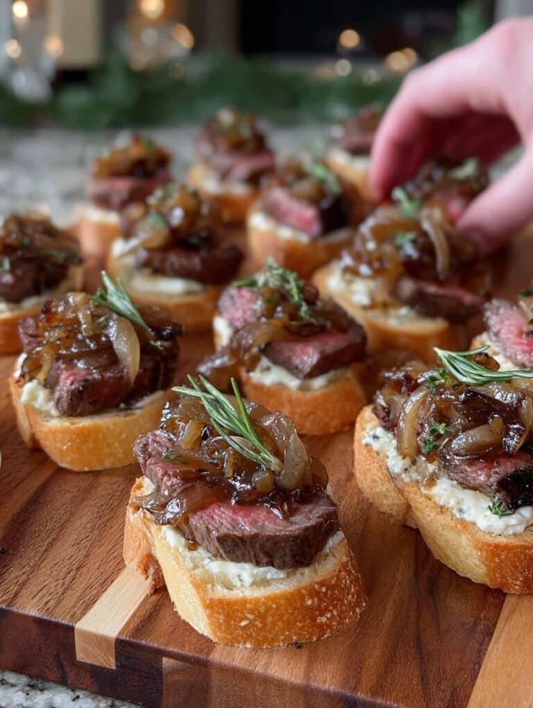 Steak Crostini with Horseradish Sauce & Caramelized Onions Holiday Appetizer