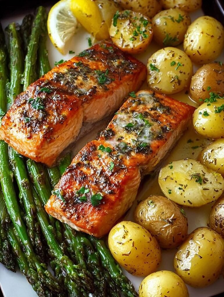 Baked Salmon with Potatoes and Asparagus Healthy recipe – Easy & Tasty