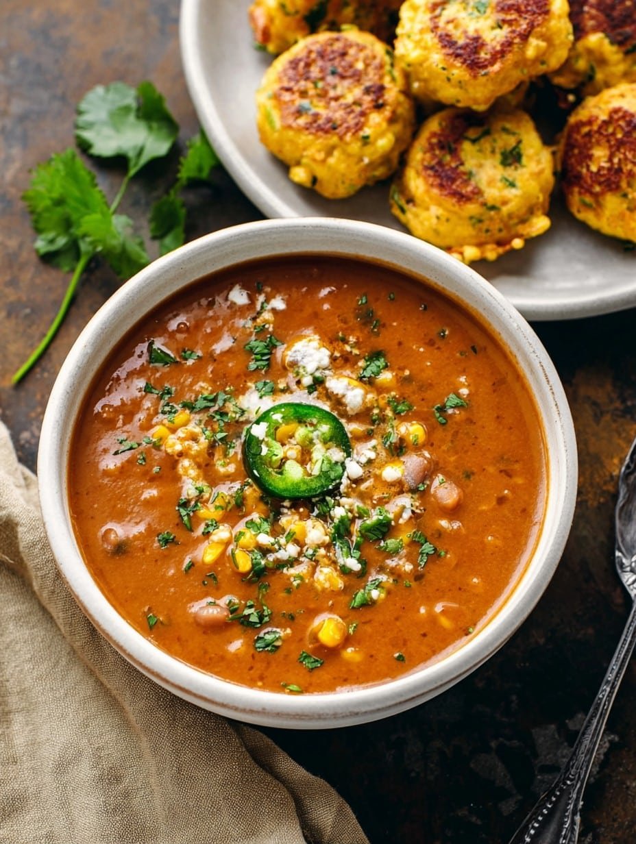 Sopa Tarasca (Pinto Bean Soup) with Jalapeño Corn Fritters