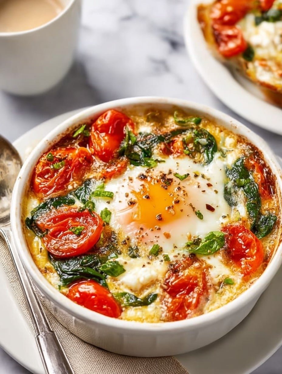 Baked Feta Eggs with Tomatoes and Spinach