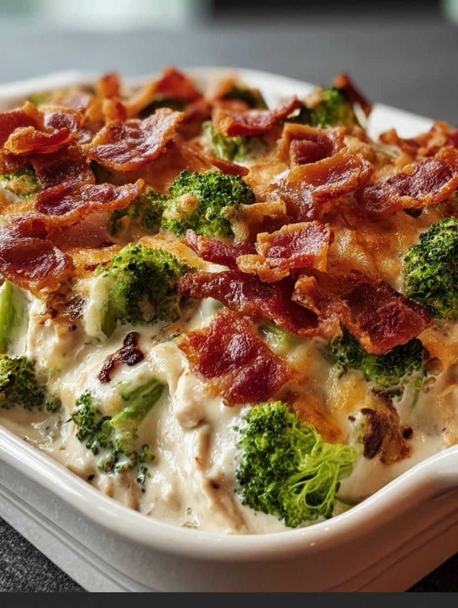 Creamy Low Carb Chicken Casserole with Broccoli and Bacon
