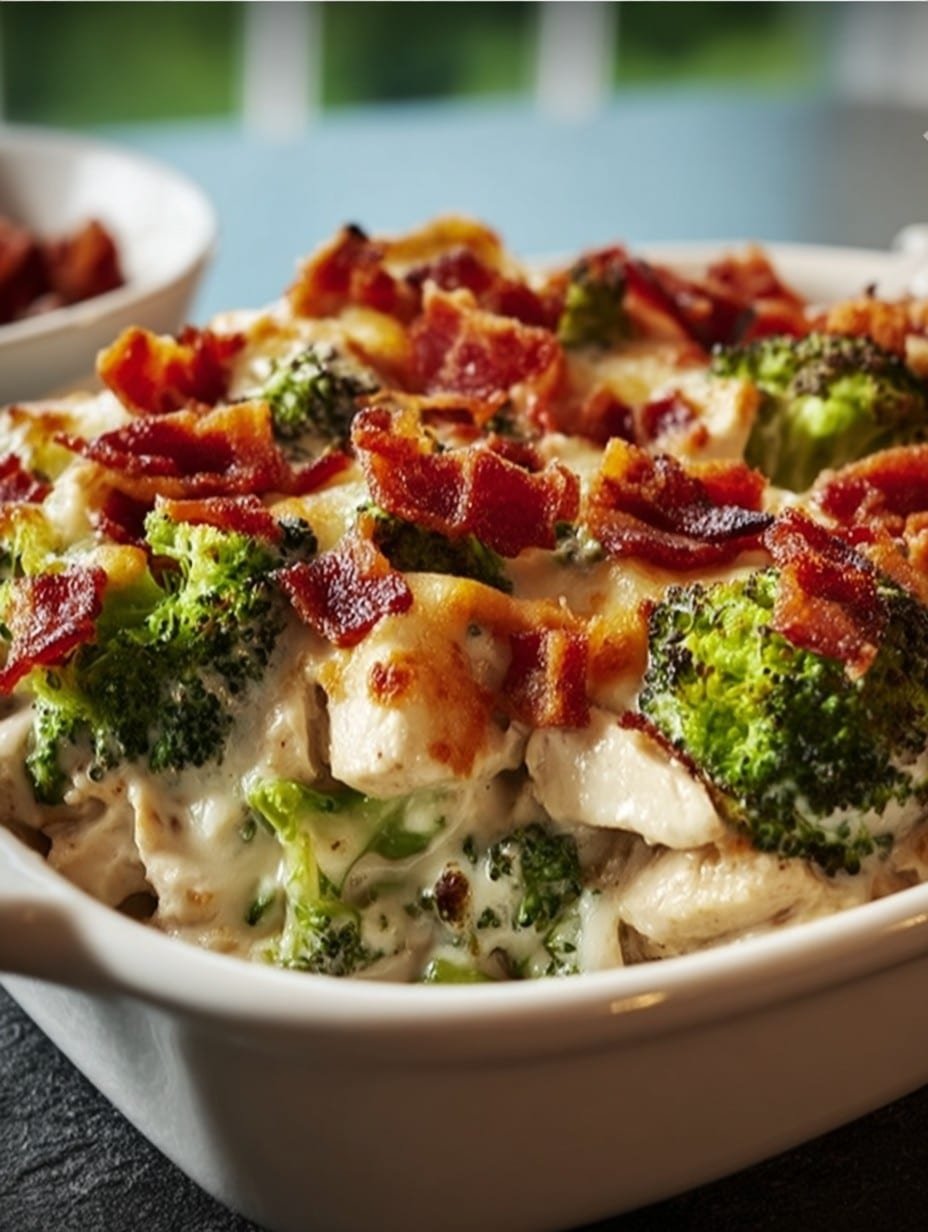 Creamy Low Carb Chicken Casserole with Broccoli and Bacon