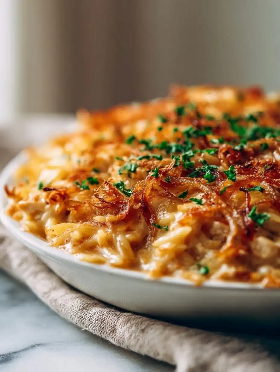 French Onion Chicken Orzo Casserole Recipe: Cozy & Cheesy Supper