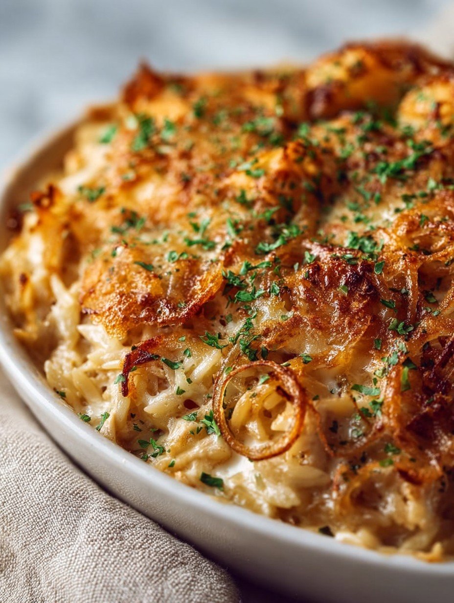 French Onion Chicken Orzo Casserole