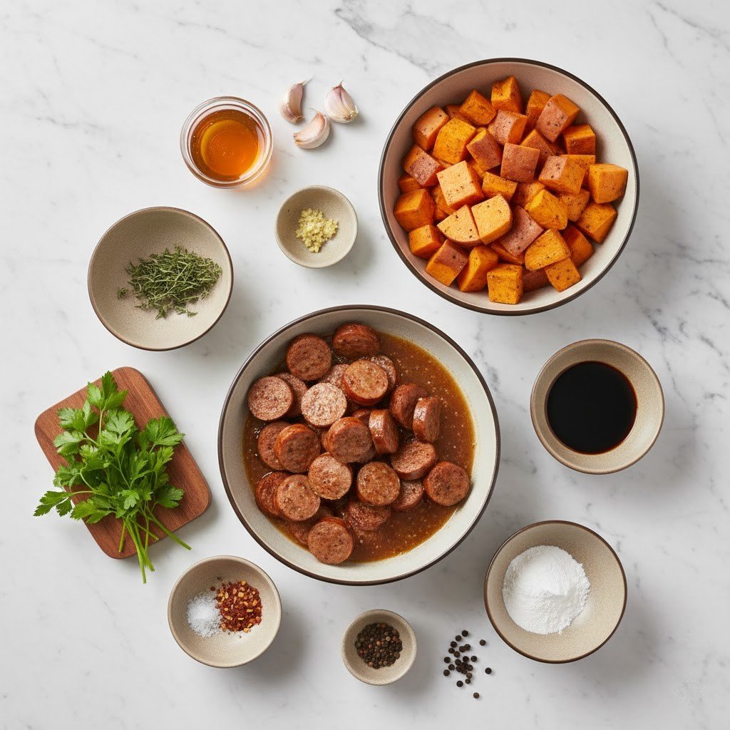 Sausage and Sweet Potatoes with Honey Garlic Sauce