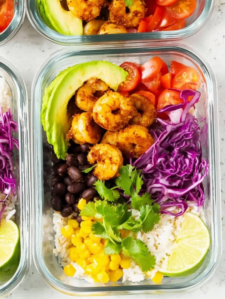 High Protein Shrimp Taco Rice Bowl Meal Prep