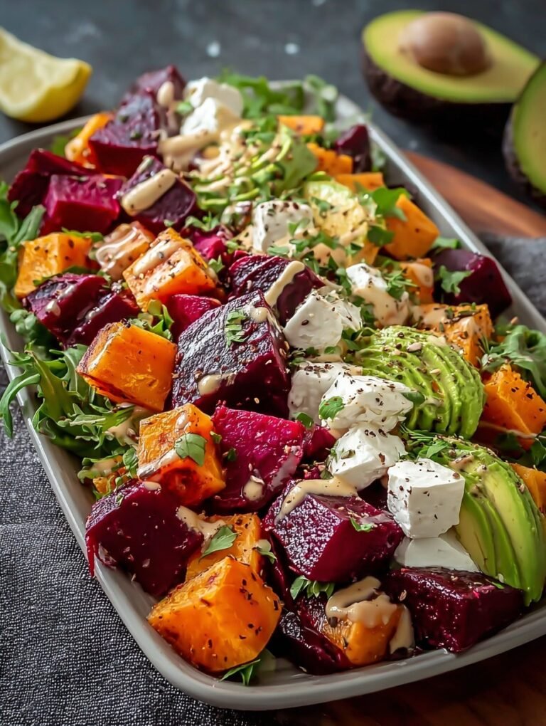 Roasted Beet, Sweet Potato & Avocado Salad with Whipped Ricotta & Lemon-Tahini Drizzle