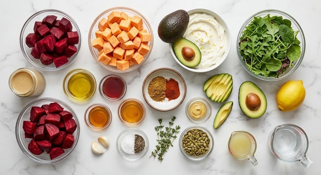 Roasted Beet, Sweet Potato & Avocado Salad with Whipped Ricotta & Lemon-Tahini Drizzle