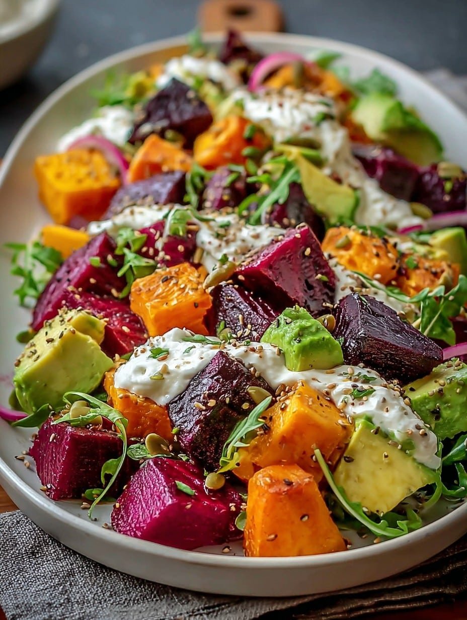 Roasted Beet, Sweet Potato & Avocado Salad with Whipped Ricotta & Lemon-Tahini Drizzle