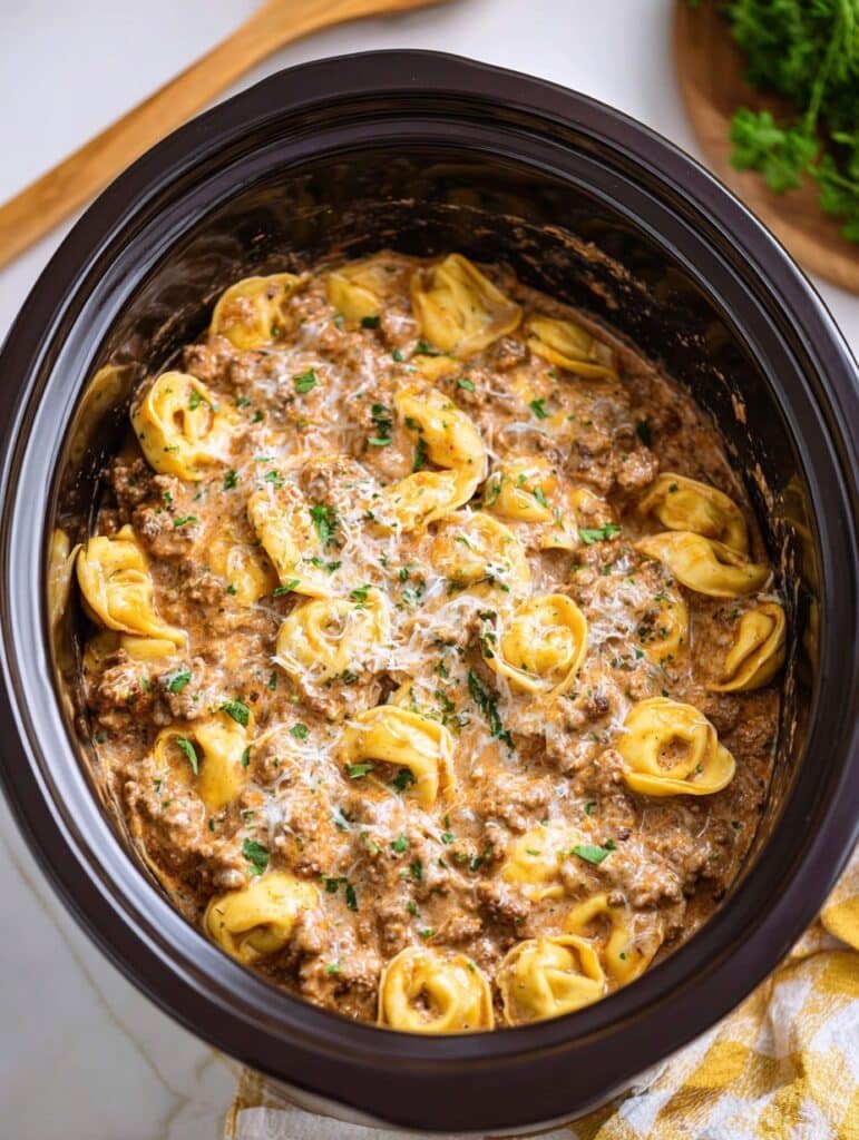 Crockpot Creamy Ground Beef Tortellini