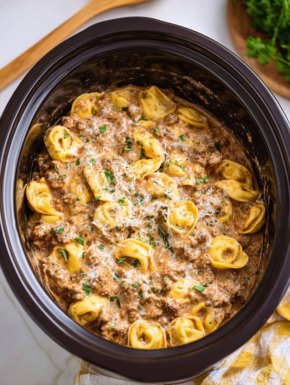 Crockpot Creamy Ground Beef Tortellini