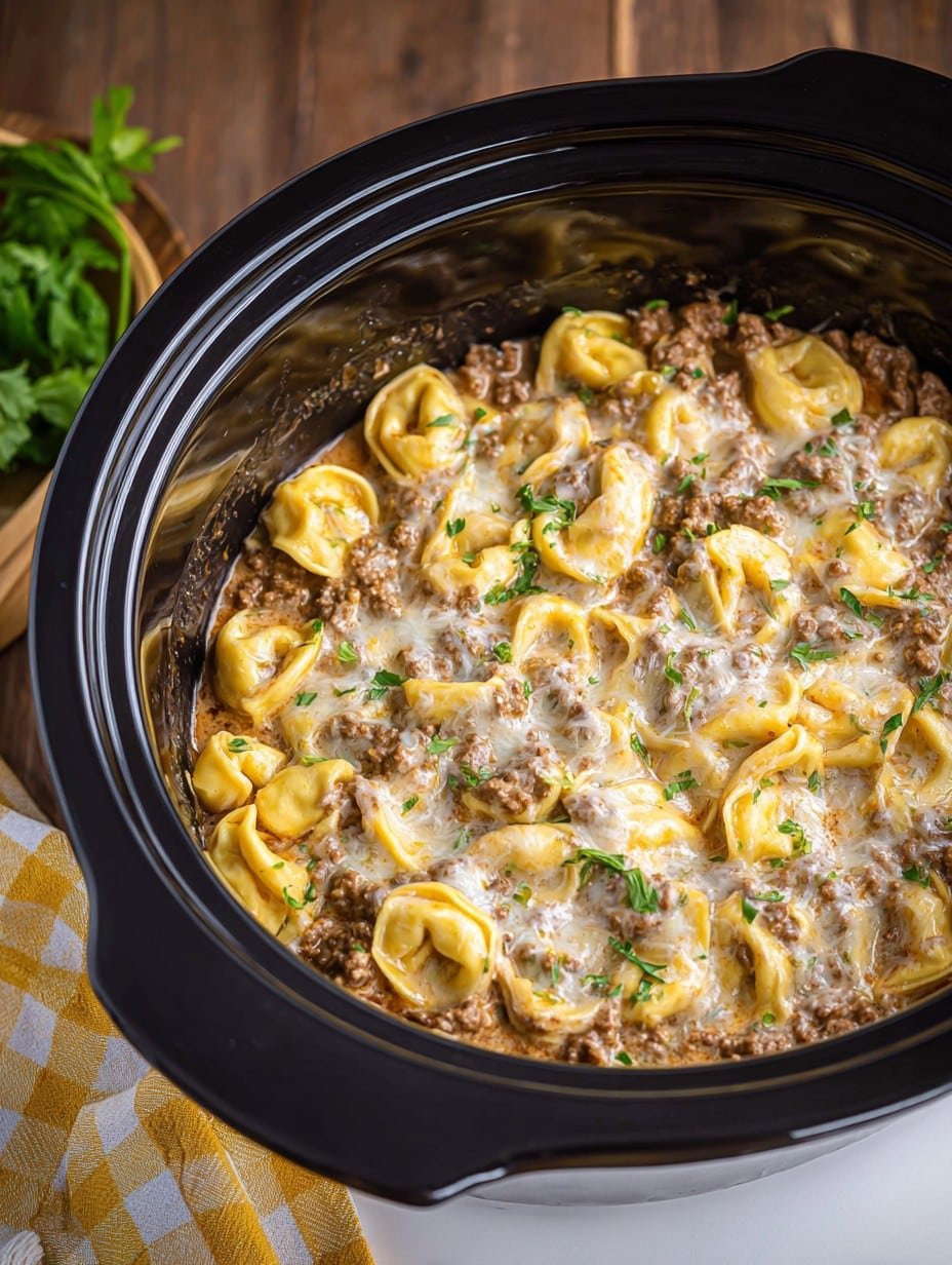 Crockpot Creamy Ground Beef Tortellini