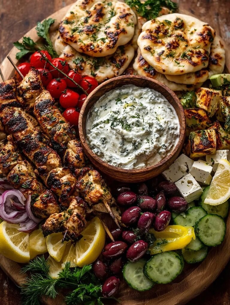 Greek Chicken Souvlaki Grazing Board with Feta Dip – A Mediterranean Feast to Share