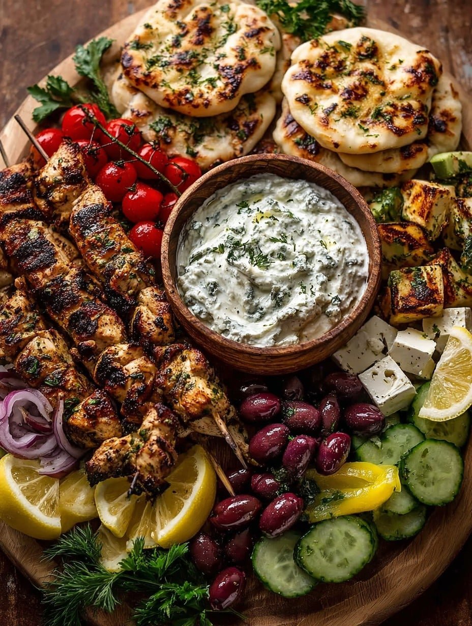 Greek Chicken Souvlaki Grazing Board with Feta Dip – A Mediterranean Feast to Share