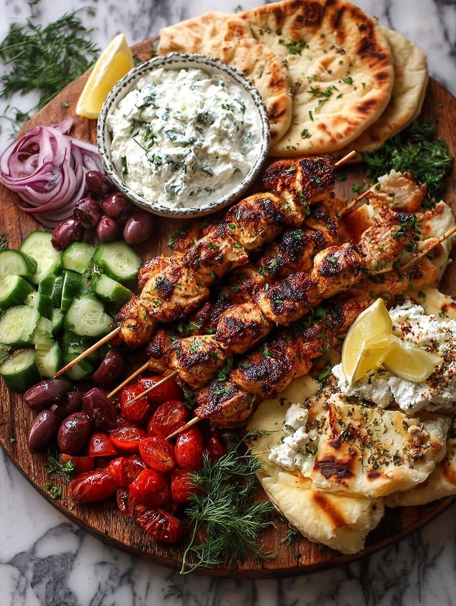 Greek Chicken Souvlaki Grazing Board with Feta Dip – A Mediterranean Feast to Share